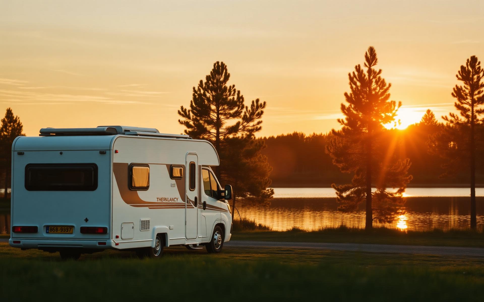 Moderne campingvogn ved en skandinavisk sø i solnedgang