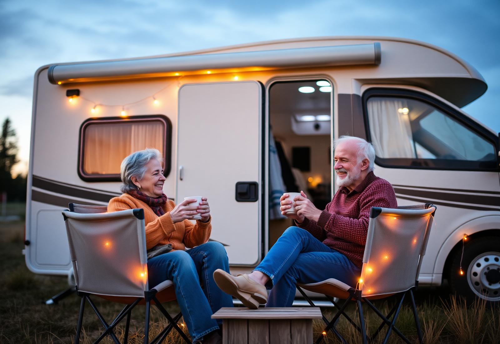 Par nyder aftenen udenfor deres autocamper